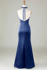 Mermaid Halter Long Satin Bridesmaid Dress