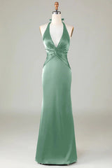 Mermaid Halter Long Satin Bridesmaid Dress