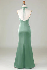 Mermaid Halter Long Satin Bridesmaid Dress