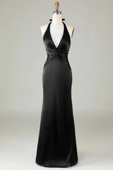 Mermaid Halter Long Satin Bridesmaid Dress