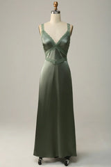 A-Line Lace Up V Neck Long Bridesmaid Dress