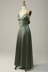 A-Line Lace Up V Neck Long Bridesmaid Dress