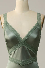 A-Line Lace Up V Neck Long Bridesmaid Dress