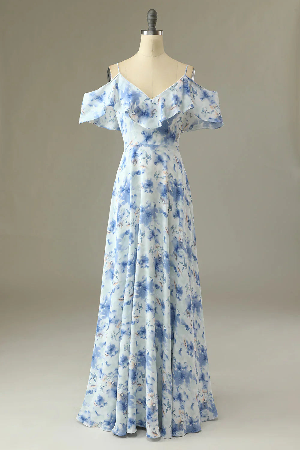 A Line Off The Shoulder Floral Print Long Bridesmaid Dress