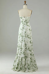 Asymmetrical Strapless Printed Long Bridesmaid Dress