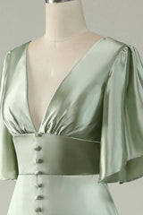 A Line Deep V Neck Bridesmaid Dress With Half Sleeves