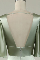 A Line Deep V Neck Bridesmaid Dress With Half Sleeves