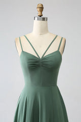 A-Line Spaghetti Straps Backless Pleated Long Bridesmaid Dress