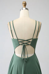 A-Line Spaghetti Straps Backless Pleated Long Bridesmaid Dress