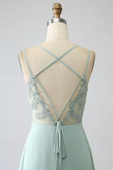 A-Line Spaghetti Straps Backless Pleated Long Bridesmaid Dress