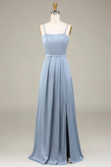 A-Line Spaghetti Straps Satin Long Bridesmaid Dress