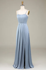 A-Line Spaghetti Straps Satin Long Bridesmaid Dress