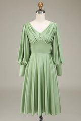 A-Line V-Neck Satin Bridesmaid Dress With Long Sleeves
