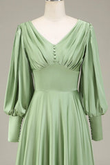 A-Line V-Neck Satin Bridesmaid Dress With Long Sleeves