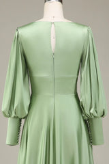 A-Line V-Neck Satin Bridesmaid Dress With Long Sleeves
