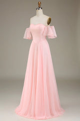 A-Line Off The Shoulder Chiffon Blush Pink Long Bridesmaid Dress