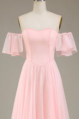 A-Line Off The Shoulder Chiffon Blush Pink Long Bridesmaid Dress