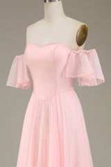 A-Line Off The Shoulder Chiffon Blush Pink Long Bridesmaid Dress