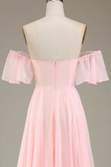 A-Line Off The Shoulder Chiffon Blush Pink Long Bridesmaid Dress