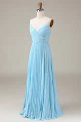 Spaghetti Straps V-Neck A-Line Pleated Chiffon Bridesmaid Dress