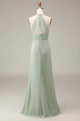 Halter Neck Sheath Pleated Bridesmaid Dress With Slit