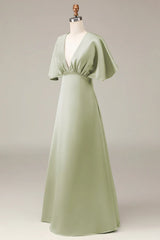 V-Neck Short Sleeves A-Line Satin Bridesmaid Dress