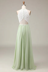 Halter Neck Lace And Chiffon A-Line Floor Length Bridesmaid Dress