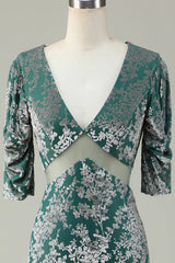 Grey Green Mermaid Velvet Bridesmaid Dress With Sleeves