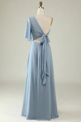 Back Lace Up One Shoulder Chiffon Boho Bridesmaid Dress