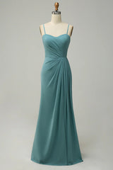 Strapless Thin Shoulder Strap Draped Long Chiffon Bridesmaid Dres s