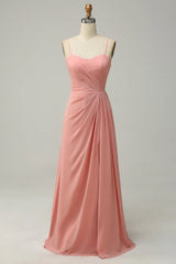 Strapless Thin Shoulder Strap Draped Long Chiffon Bridesmaid Dres s