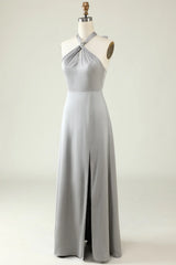 A Line Halter Neck Long Bridesmaid Dress With Slit