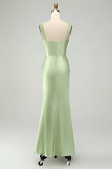 Satin Mermaid Long Bridesmaid Dress With Eyelash Lace