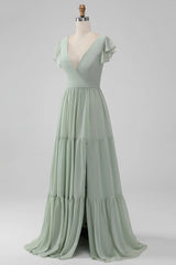 V Neck A Line Chiffon Long Bridesmaid Dress With Slit