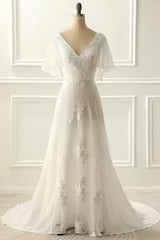 A-Line V Neck Floor-Length Appliques Wedding Dress
