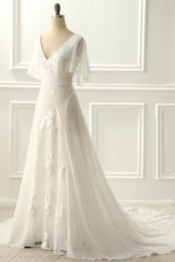 A-Line V Neck Floor-Length Appliques Wedding Dress