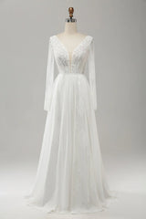 A Line V Neck Long Sleeve Beach Boho Wedding Dress