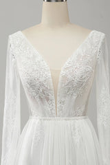 A Line V Neck Long Sleeve Beach Boho Wedding Dress