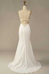A-Line Open Back White Mermaid Long Wedding Dress