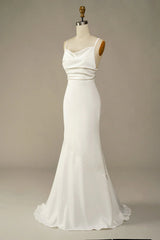 A-Line Open Back White Mermaid Long Wedding Dress