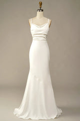 A-Line Open Back White Mermaid Long Wedding Dress
