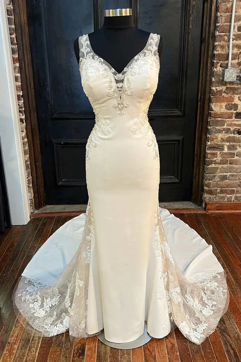V-Neck Backless Mermaid Long Wedding Gown