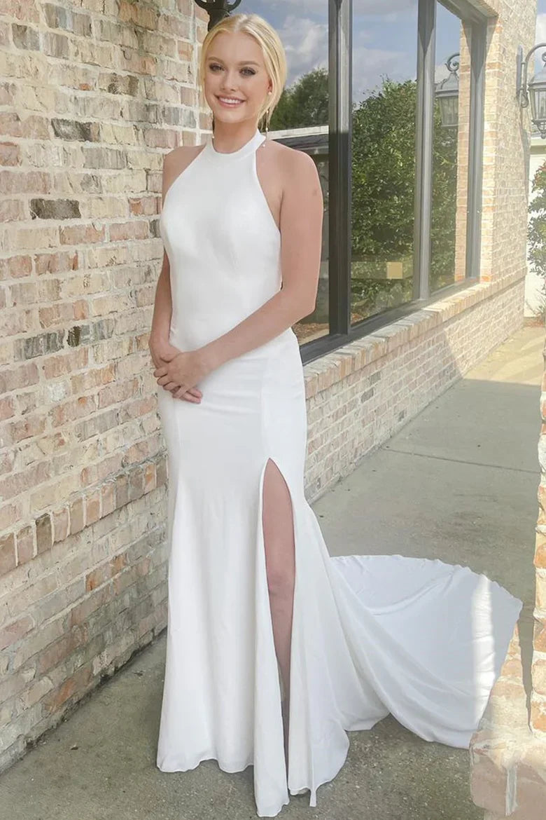 Slit Mermaid Long Wedding Dress With Halter/No Veils