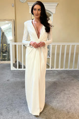 Deep V Long Wedding Dress with Long Sleeves