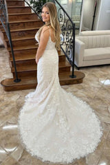 Floral Lace Deep V-neck Backless Mermaid Wedding Dress