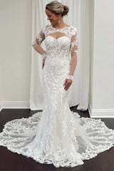 Lace Cutout Long Sleeves Trumpet Wedding Dress