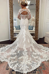 Lace Cutout Long Sleeves Trumpet Wedding Dress