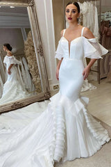 Off Shoulder Ruffles Trumpet Train Wedding Dress
