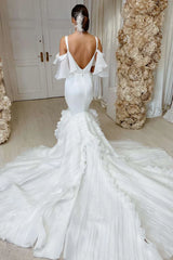 Off Shoulder Ruffles Trumpet Train Wedding Dress