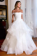 A-Line Off-the-Shoulder Tiered Wedding Dress with Flowers